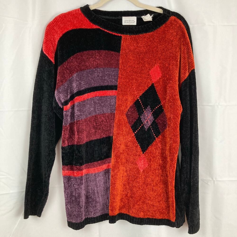 Vintage Black Chenille Sweater Argyle Patchwork Size M FLAW Grunge Eclectic 90s